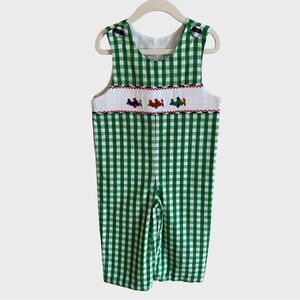 Castles & Crowns Smocked Jon Jon Longall Romper Airplanes Planes Green Gingham 2